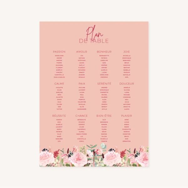 Panneau plan de table pivoine fleur rose rouge