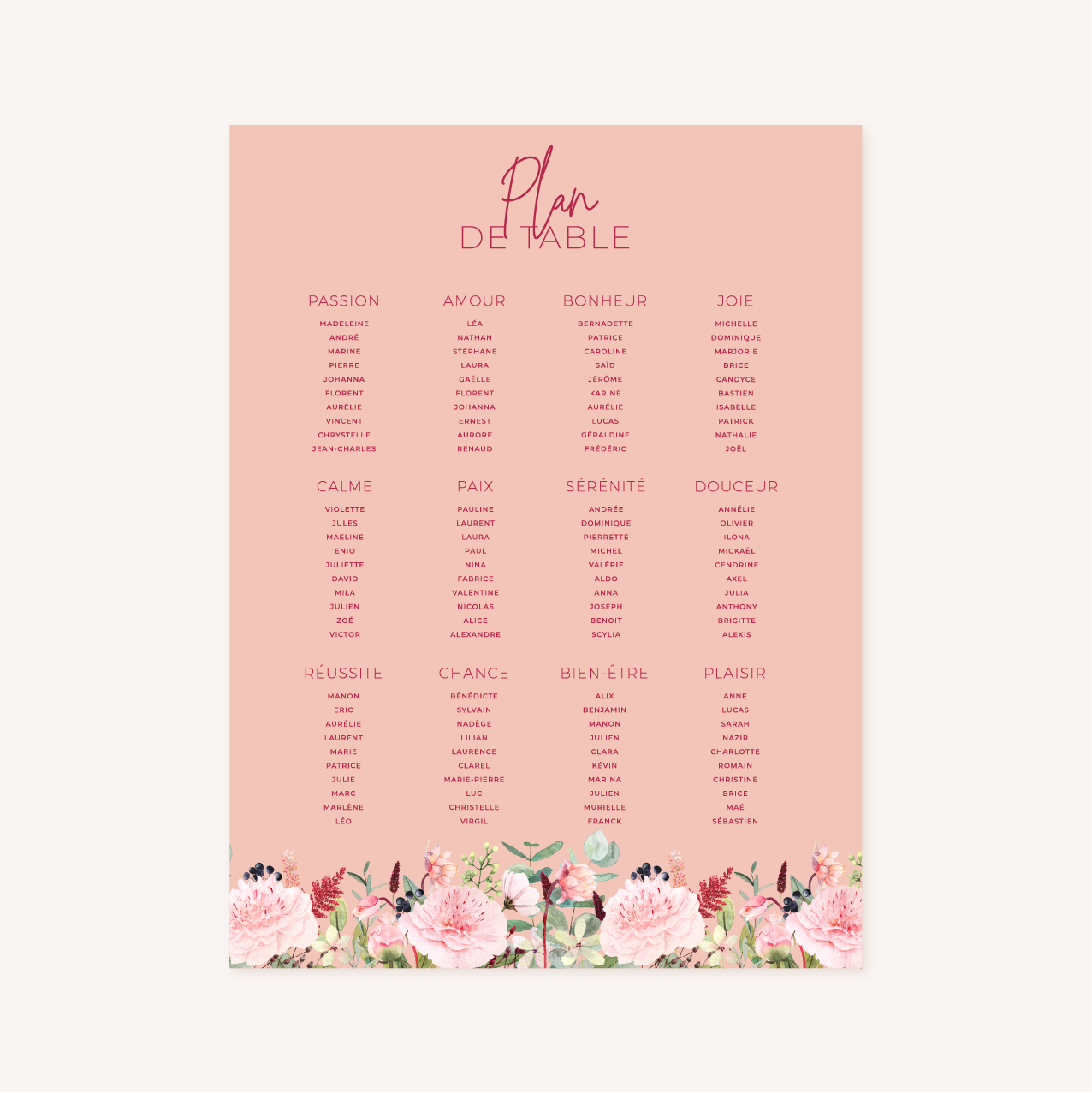 Panneau plan de table pivoine fleur rose rouge