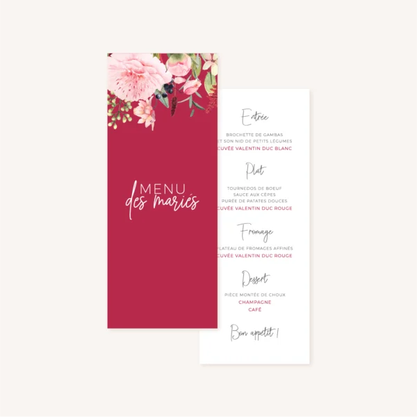 Menu individuel pivoine fleur rose rouge