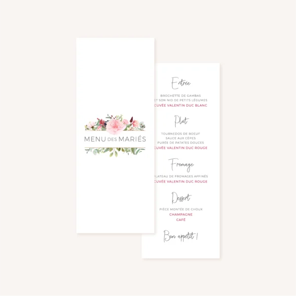 Menu individuel pivoine fleur rose rouge