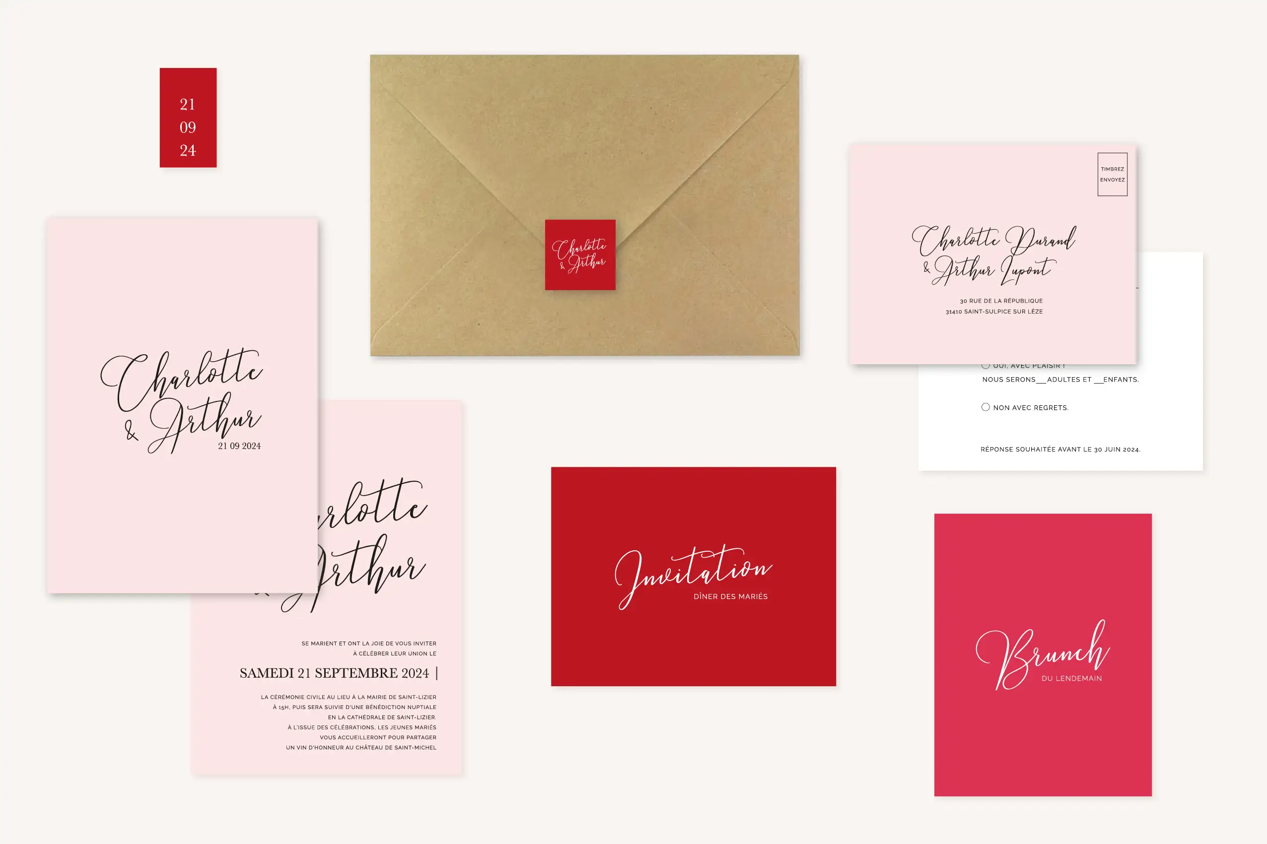 Collection faire-part mariage Amour, romantique, rouge, fuchsia, rose