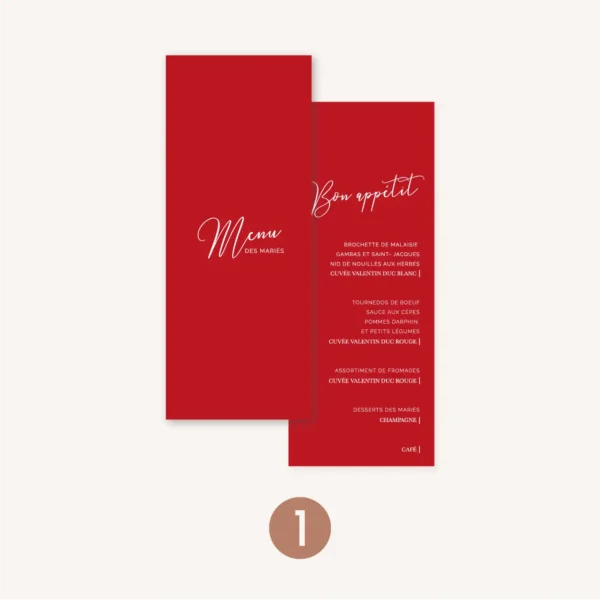 Menu individuel mariage Amour, romantique, rouge