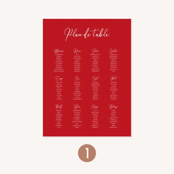 Plan de table mariage Amour, romantique, rouge