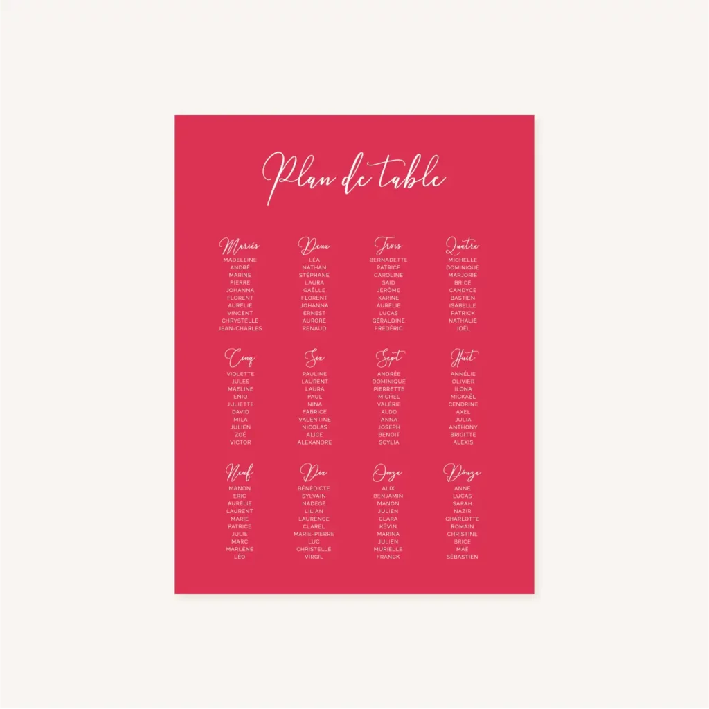 Plan de table mariage Amour, romantique, fuchsia