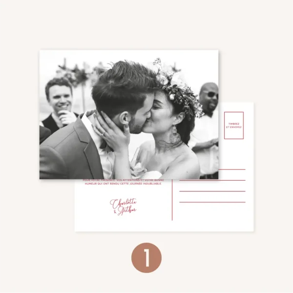Remerciement carte postale mariage Amour, romantique, rouge
