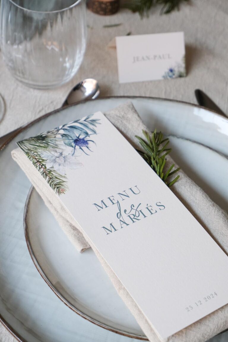 Faire-part, mariage, couronne, hiver, vert, marron, sapin, floral