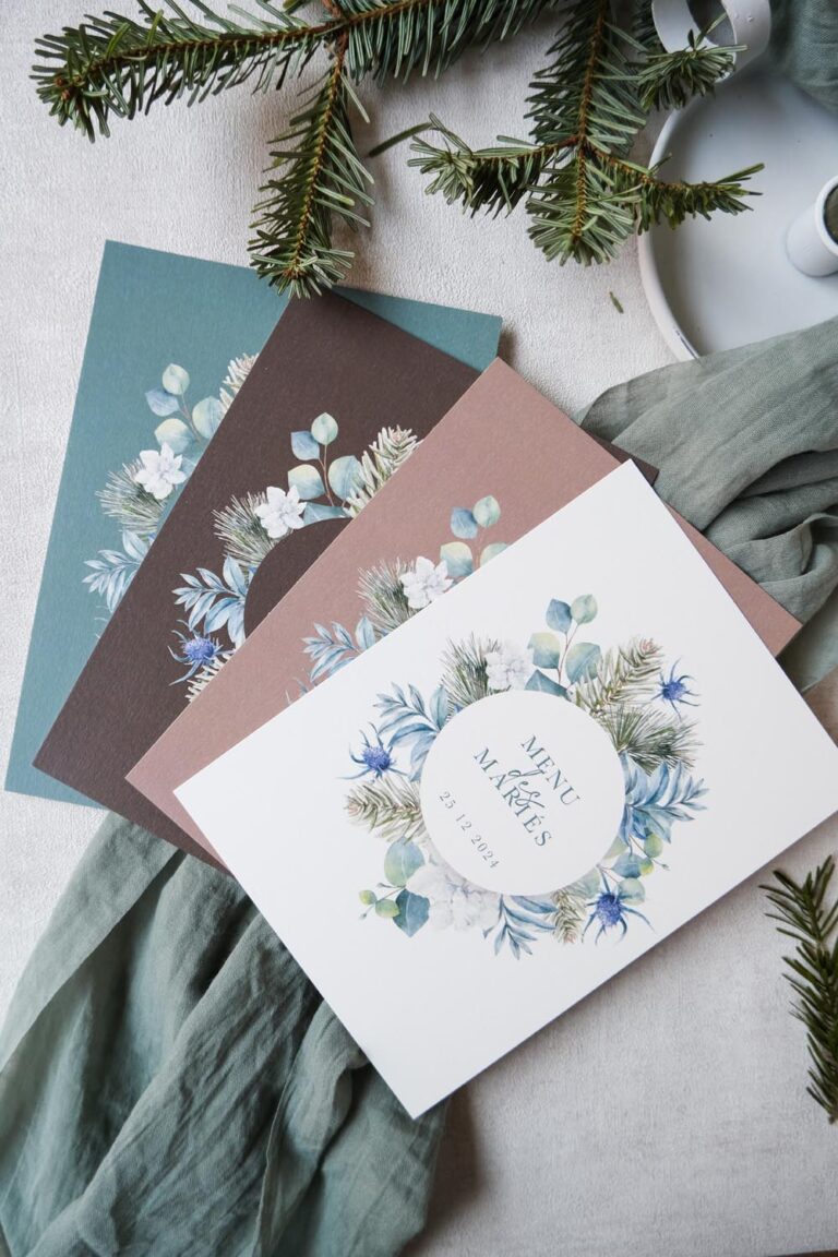 Faire-part, mariage, couronne, hiver, vert, marron, sapin, floral