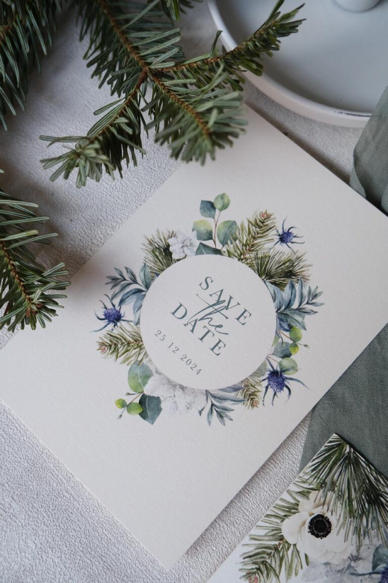 Faire-part, mariage, couronne, hiver, vert, marron, sapin, floral