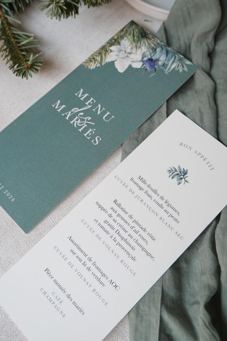 Faire-part, mariage, couronne, hiver, vert, marron, sapin, floral