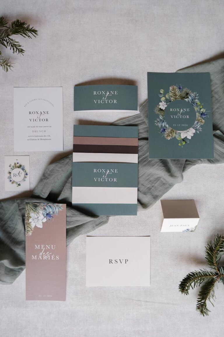 Faire-part, mariage, couronne, hiver, vert, marron, sapin, floral