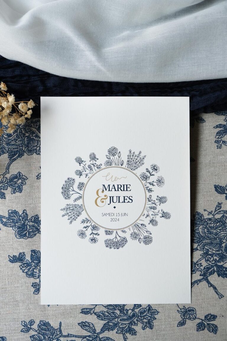 Faire-part, mariage, navy gold, floral, blanc, bleu, minimaliste, élégant