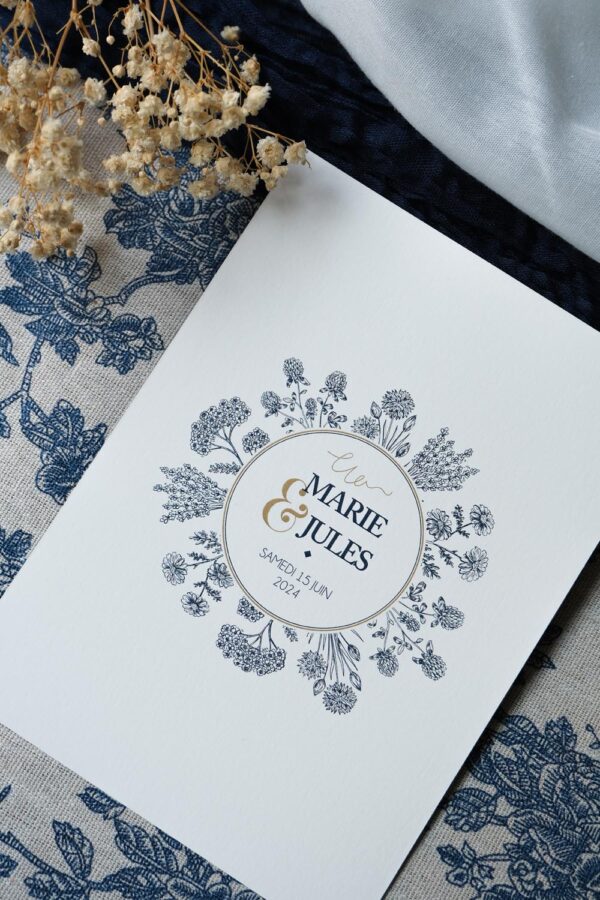 Faire-part, mariage, navy gold, floral, blanc, bleu, minimaliste, élégant