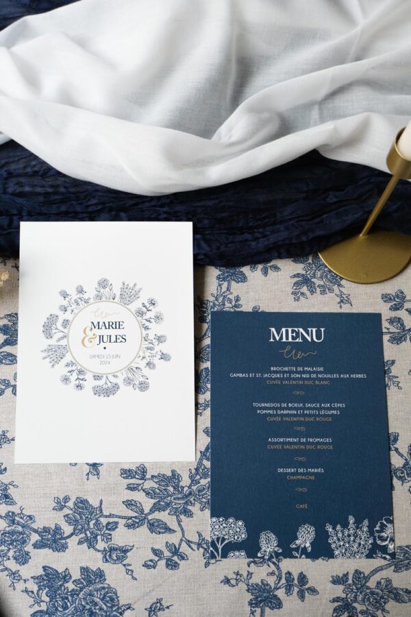 Faire-part, mariage, navy gold, floral, blanc, bleu, minimaliste, élégant