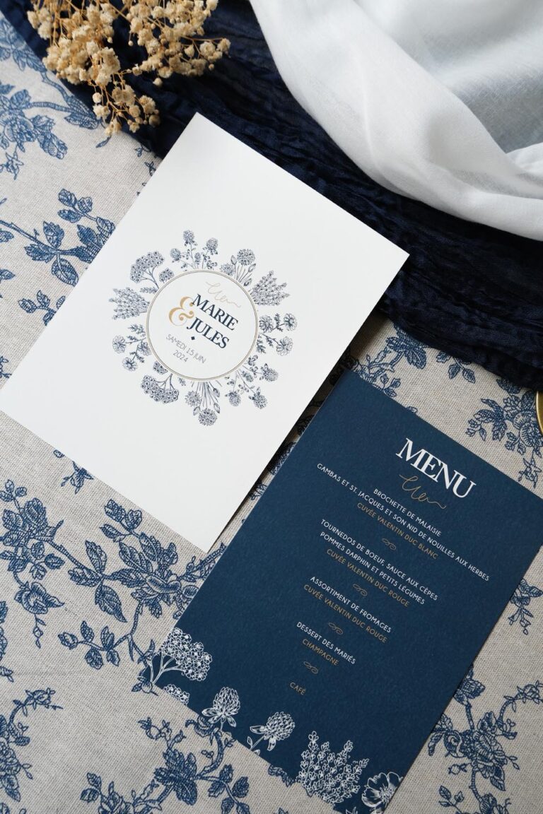 Faire-part, mariage, navy gold, floral, blanc, bleu, minimaliste, élégant