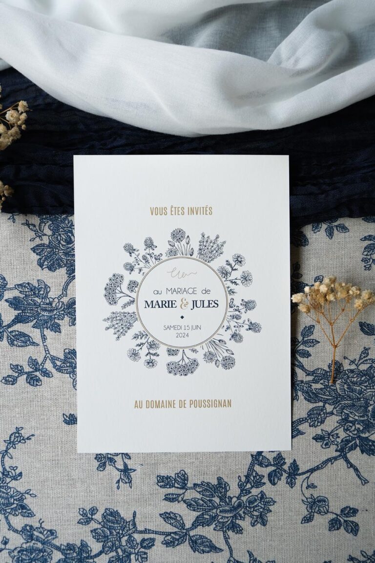 Faire-part, mariage, navy gold, floral, blanc, bleu, minimaliste, élégant