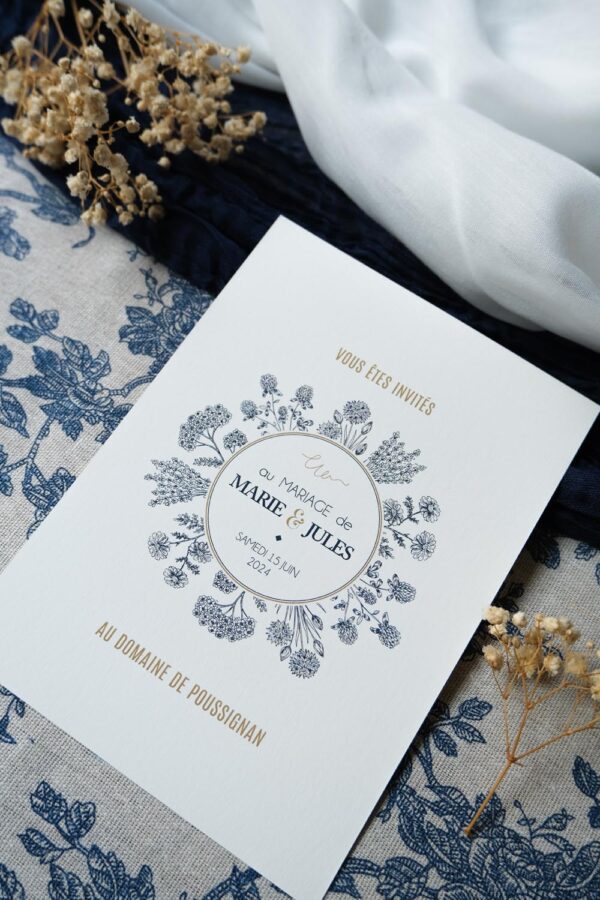 Faire-part, mariage, navy gold, floral, blanc, bleu, minimaliste, élégant