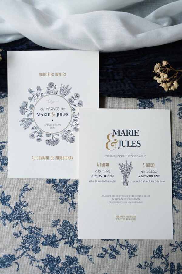 Faire-part, mariage, navy gold, floral, blanc, bleu, minimaliste, élégant