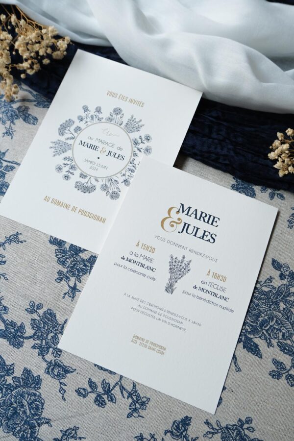 Faire-part, mariage, navy gold, floral, blanc, bleu, minimaliste, élégant