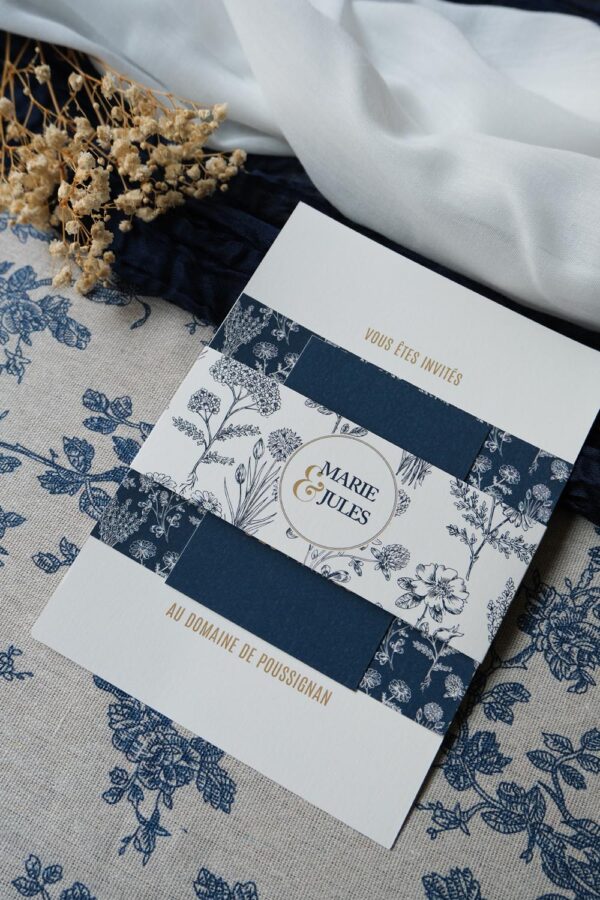 Faire-part, mariage, navy gold, floral, blanc, bleu, minimaliste, élégant