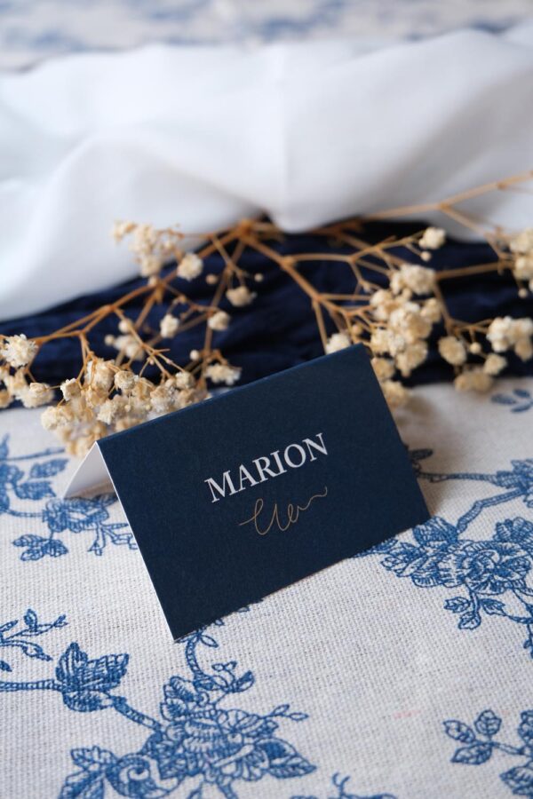 Faire-part, mariage, navy gold, floral, blanc, bleu, minimaliste, élégant