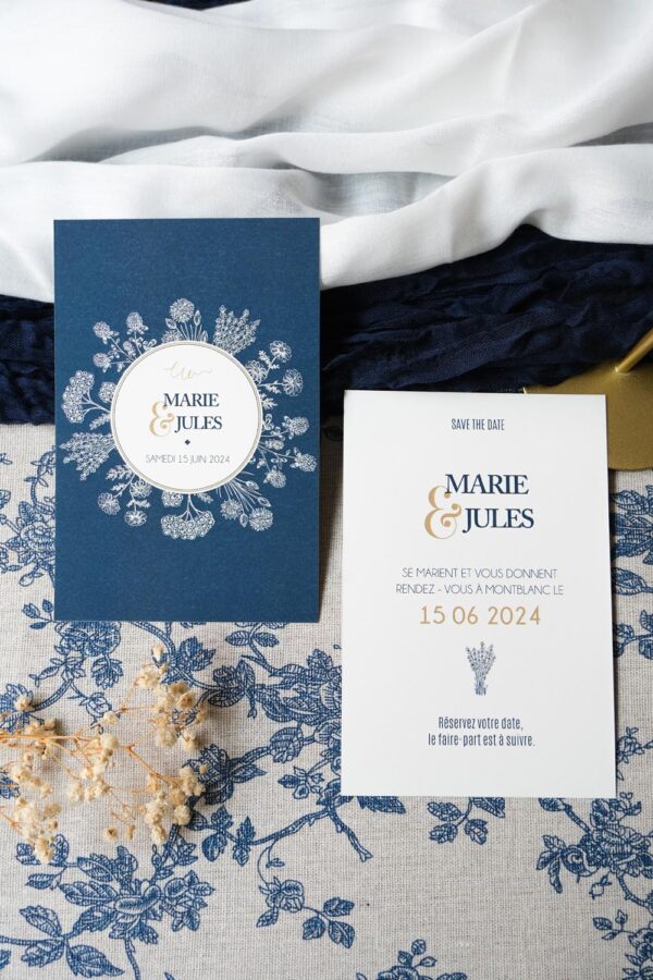 Faire-part, mariage, navy gold, floral, blanc, bleu, minimaliste, élégant