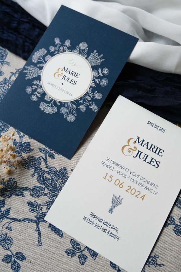 Faire-part, mariage, navy gold, floral, blanc, bleu, minimaliste, élégant