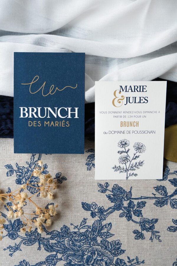 Faire-part, mariage, navy gold, floral, blanc, bleu, minimaliste, élégant