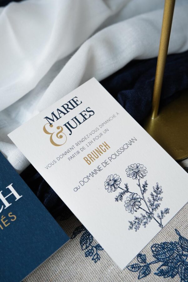 Faire-part, mariage, navy gold, floral, blanc, bleu, minimaliste, élégant