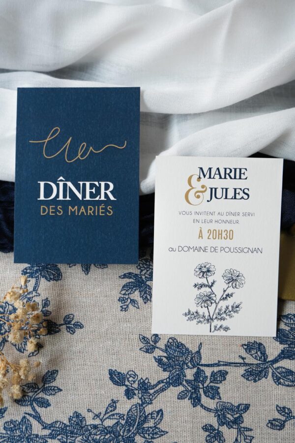 Faire-part, mariage, navy gold, floral, blanc, bleu, minimaliste, élégant