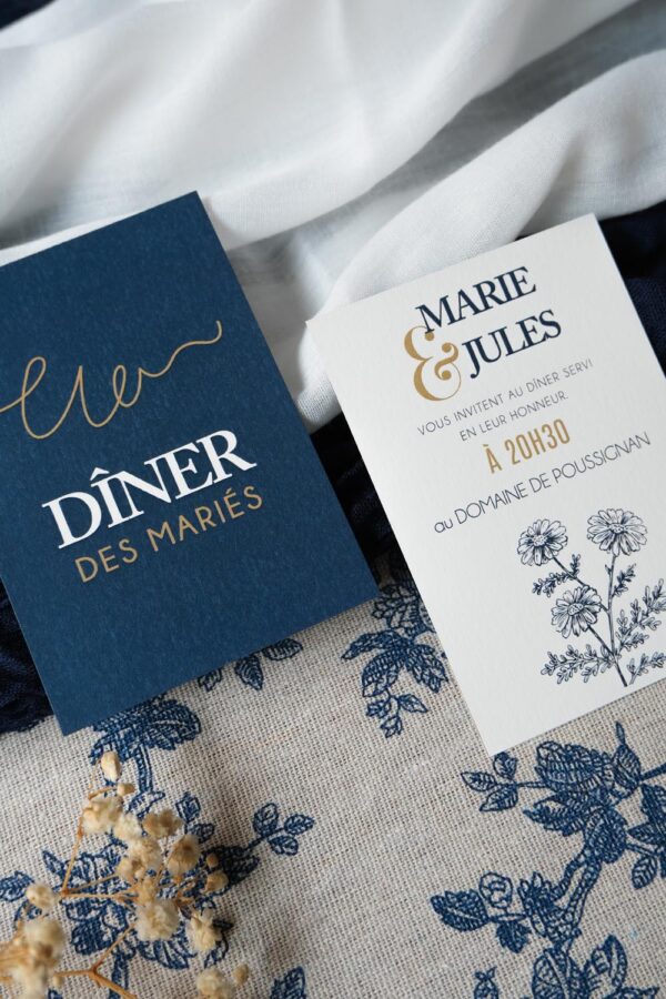 Faire-part, mariage, navy gold, floral, blanc, bleu, minimaliste, élégant