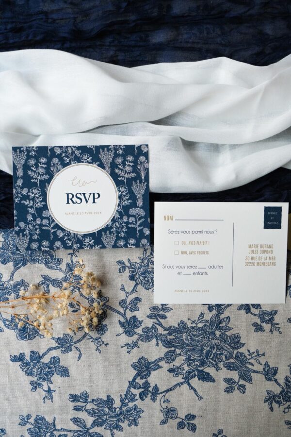 Faire-part, mariage, navy gold, floral, blanc, bleu, minimaliste, élégant