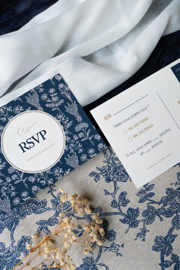 Faire-part, mariage, navy gold, floral, blanc, bleu, minimaliste, élégant