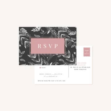 RSVP mariage botanique noir rose blanc épuré