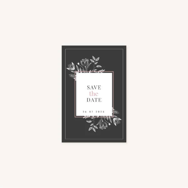 save the date mariage botanique noir rose blanc épuré