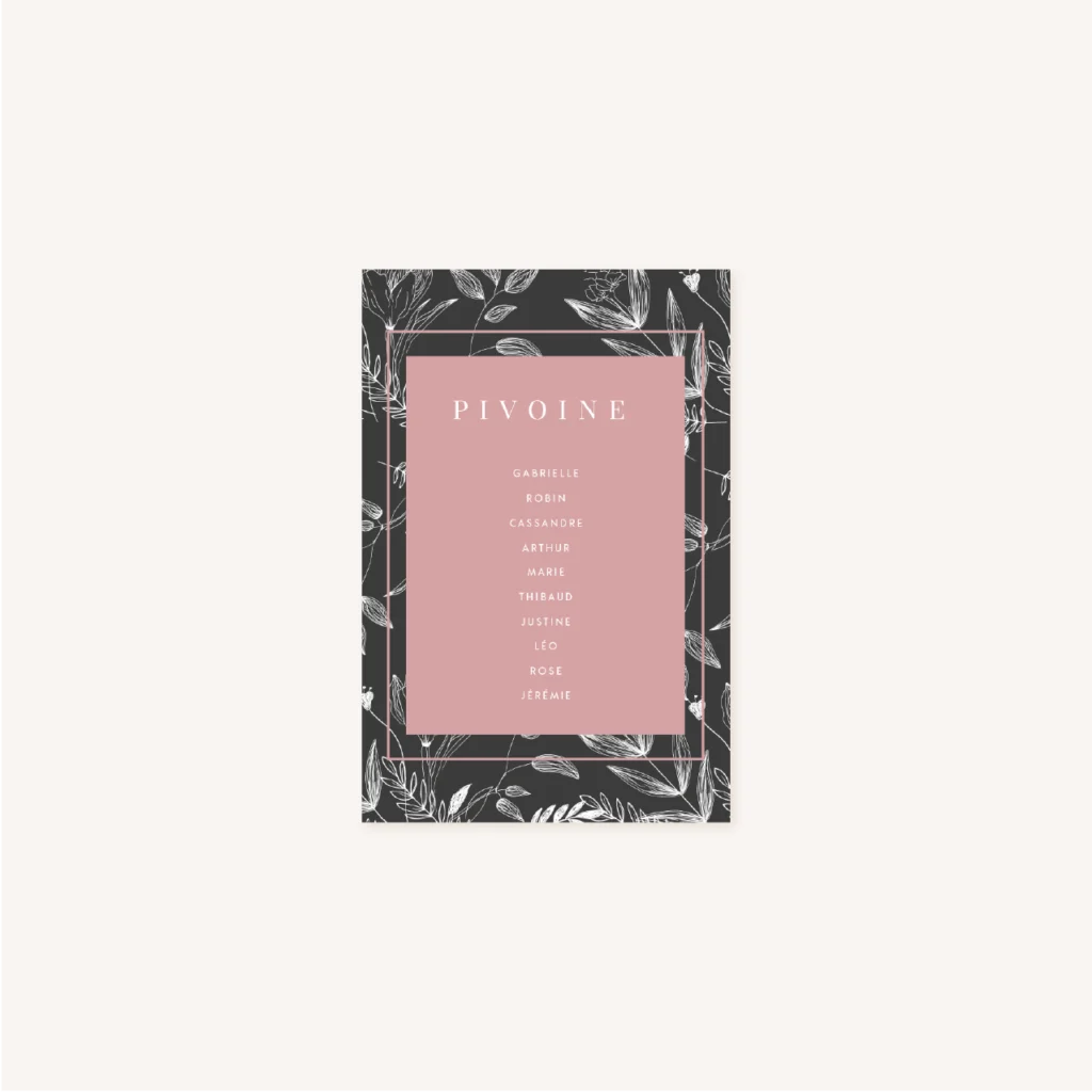 plan de table mariage botanique noir rose blanc épuré