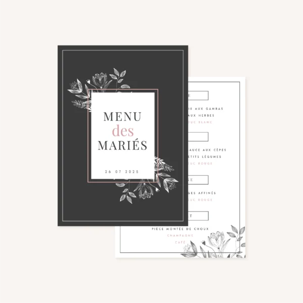 menu mariage botanique noir rose blanc épuré