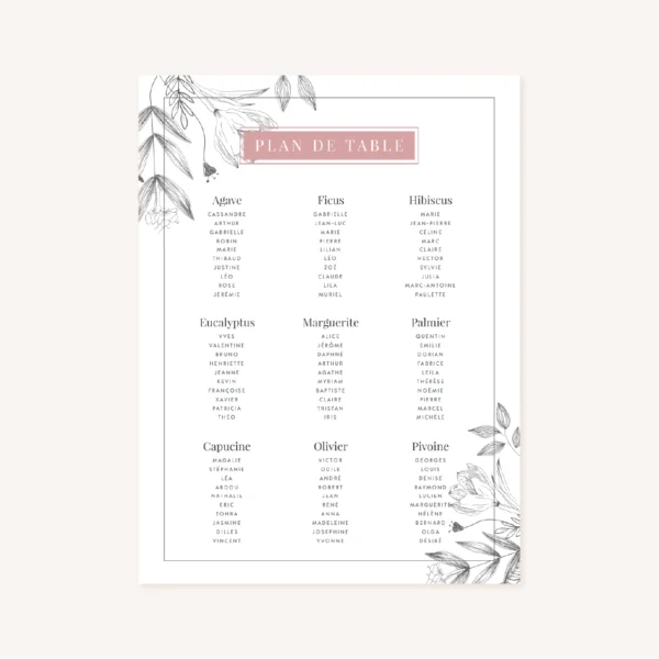 panneau plan de table mariage botanique noir rose blanc épuré