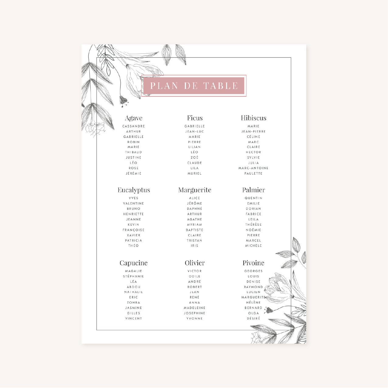 panneau plan de table mariage botanique noir rose blanc épuré