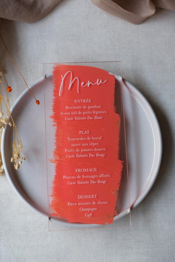 mariage, plexi, plexiglass, transparent, menu, individuel, peinture