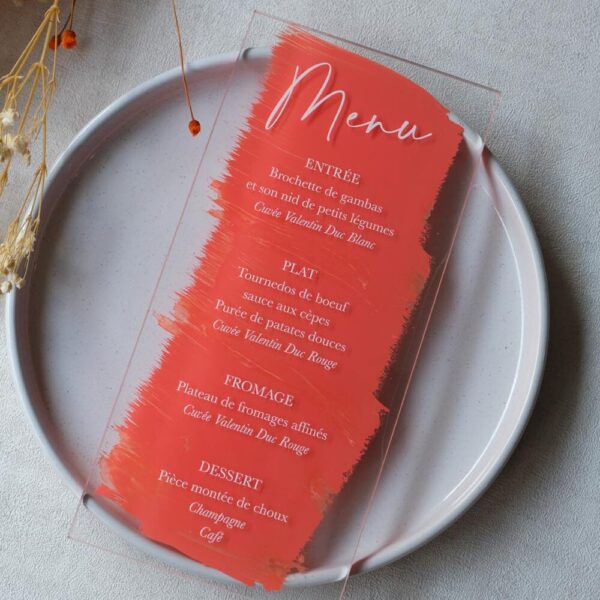 mariage, plexi, plexiglass, transparent, menu, individuel, peinture