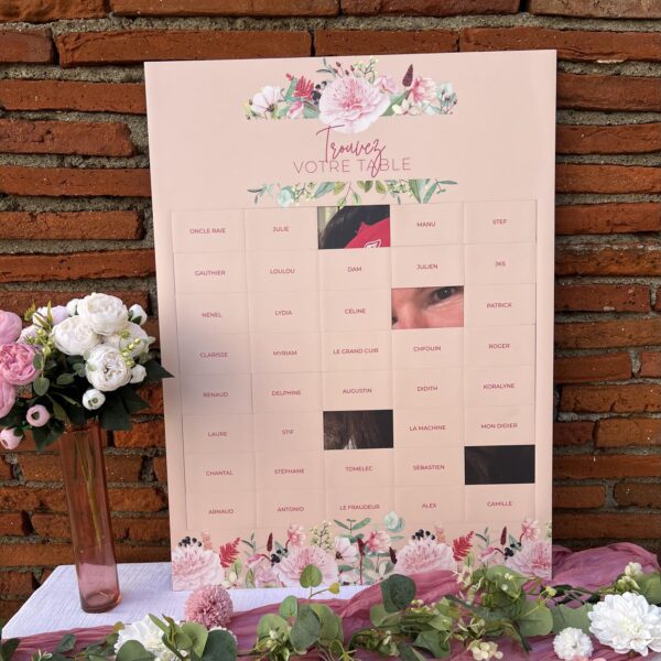 Panneau, mariage, plan de table, magnétique, mariage, rose, aimant