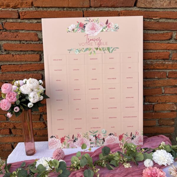 Panneau, mariage, plan de table, magnétique, mariage, rose, aimant