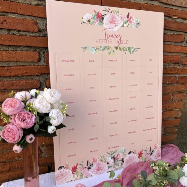 Panneau, mariage, plan de table, magnétique, mariage, rose, aimant