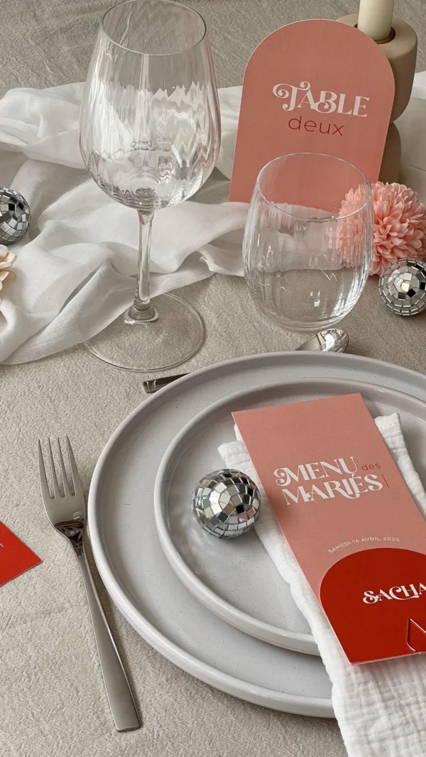 faire-part mariage papeterie rose pink-disco rouge colore funk arche