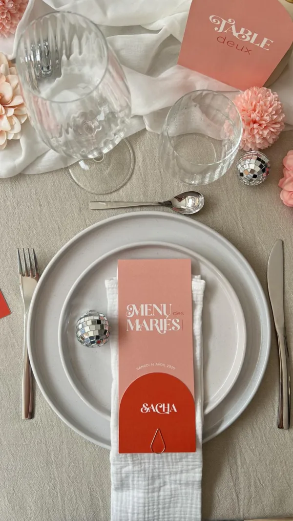 faire-part mariage papeterie rose pink-disco rouge colore funk arche