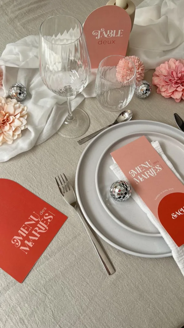 faire-part mariage papeterie rose pink-disco rouge colore funk arche