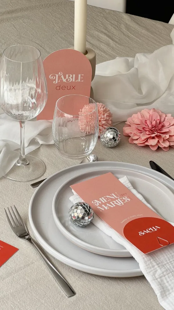 faire-part mariage papeterie rose pink-disco rouge colore funk arche