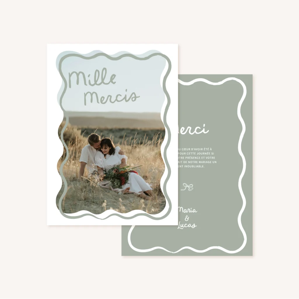 Faire part vert sauge bohème chic forme ondulée design