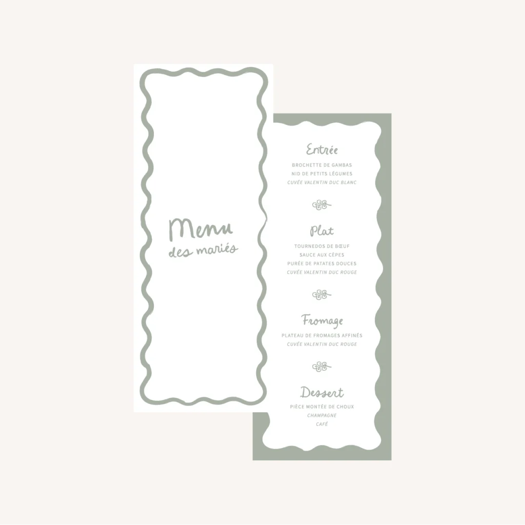Faire part vert sauge bohème chic forme ondulée design