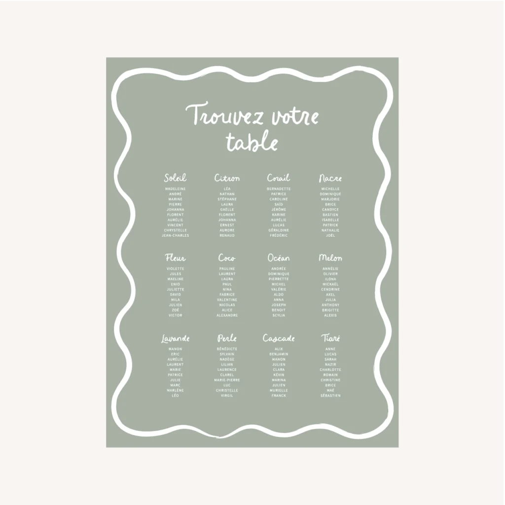 Faire part vert sauge bohème chic forme ondulée design